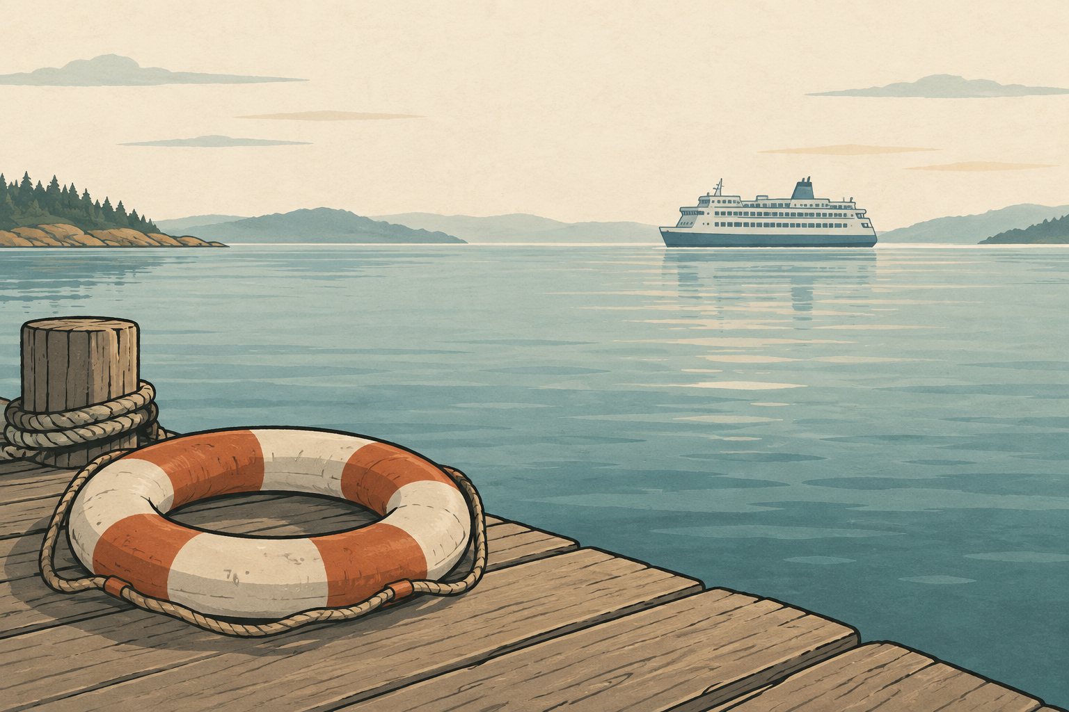 A life ring on a quiet dock with a passenger ferry in the distance.