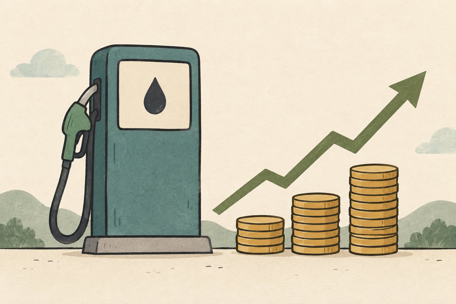 A fuel pump, coins and a rising line representing higher prices.