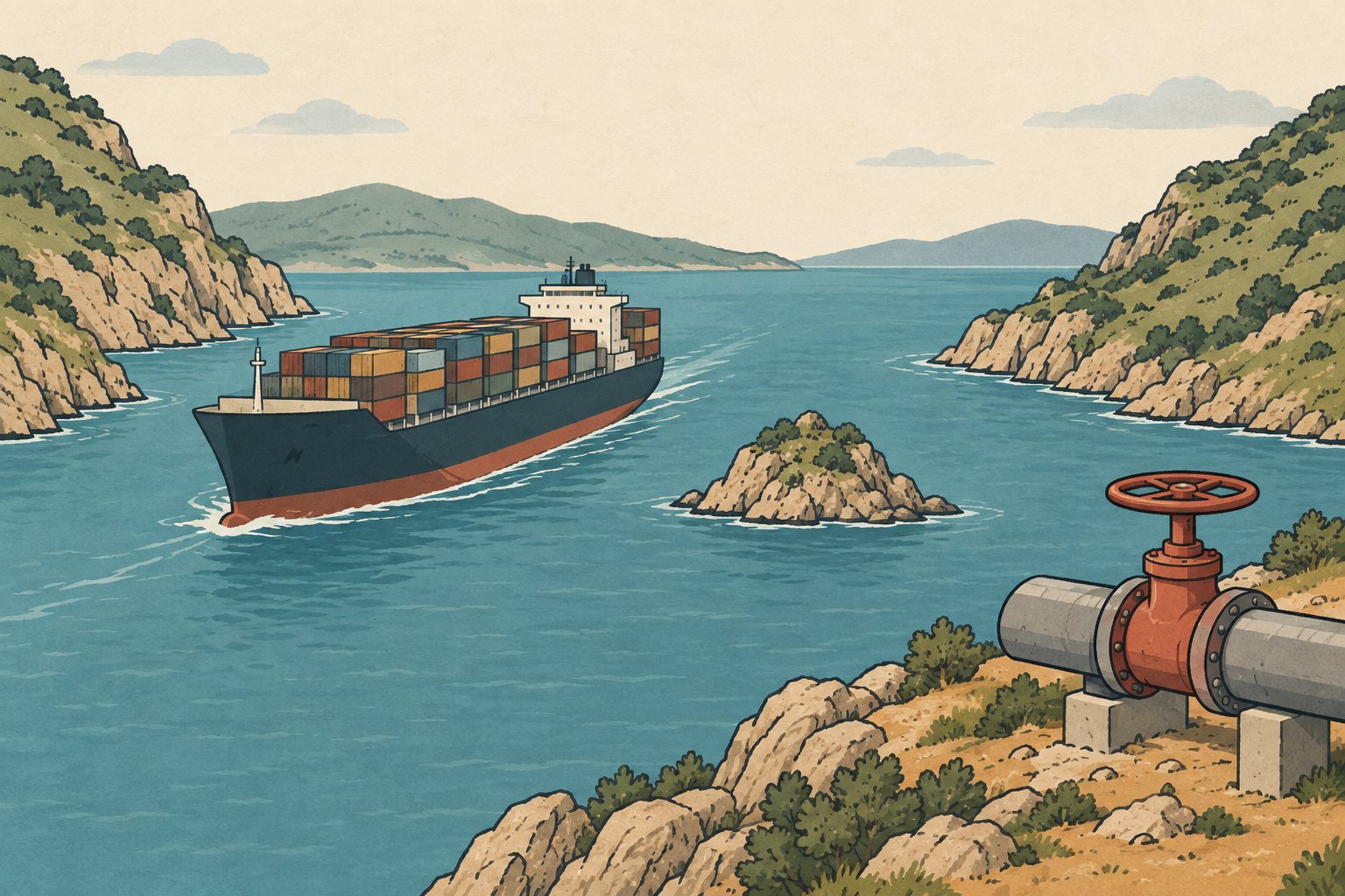 Conceptual drawing of a ship, an island and a closed pipeline valve.