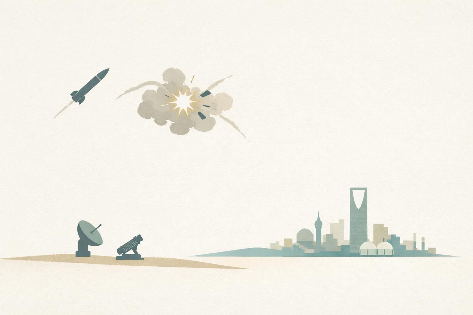 AI-generated conceptual illustration: Saudi Arabia intercepts Houthi missile at Riyadh