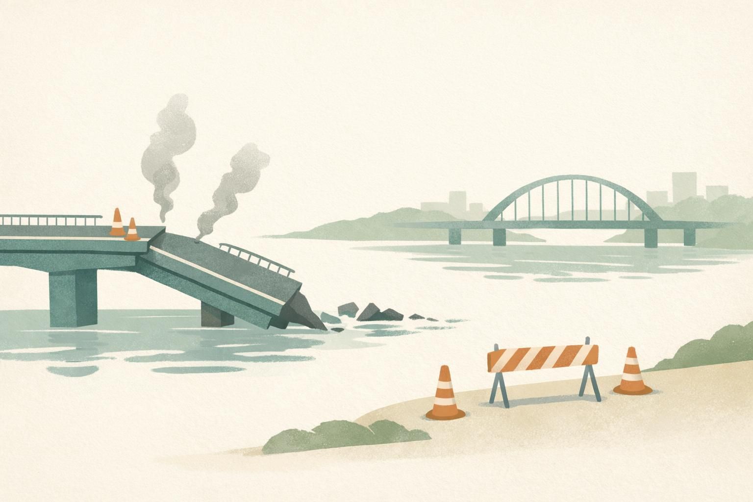 AI-generated conceptual illustration: Russian strikes disrupt three of Kyiv’s six bridges