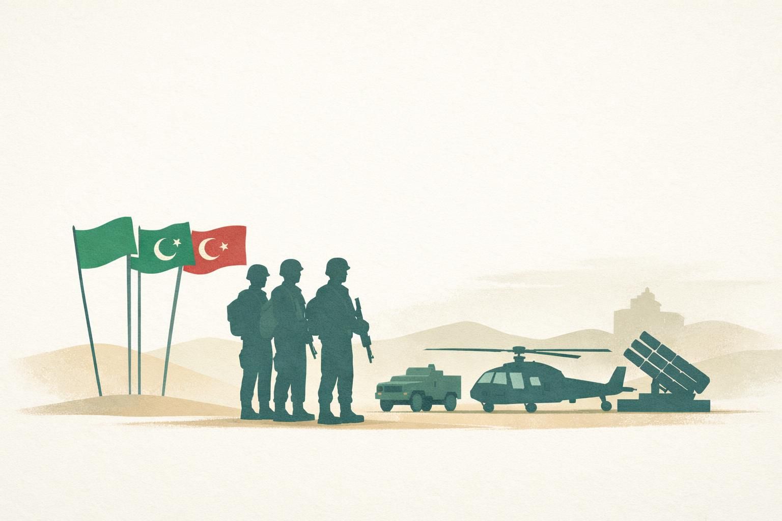 AI-generated conceptual illustration: Three countries activate Saudi defense commitments