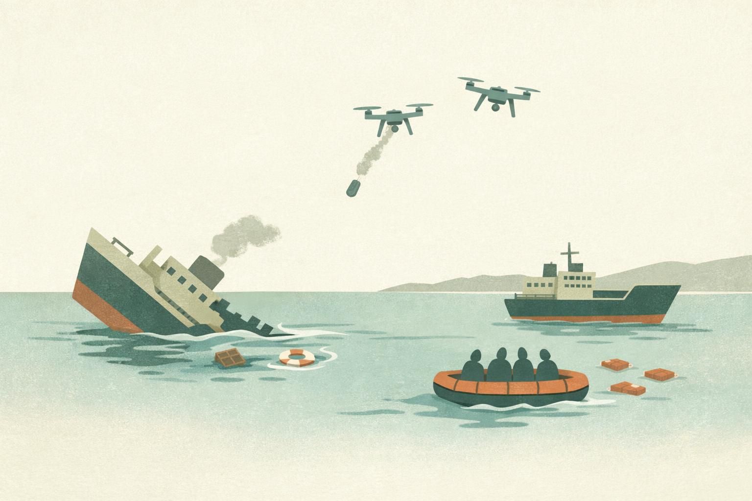 AI-generated conceptual illustration: Drones strike two commercial ships near Bulgaria