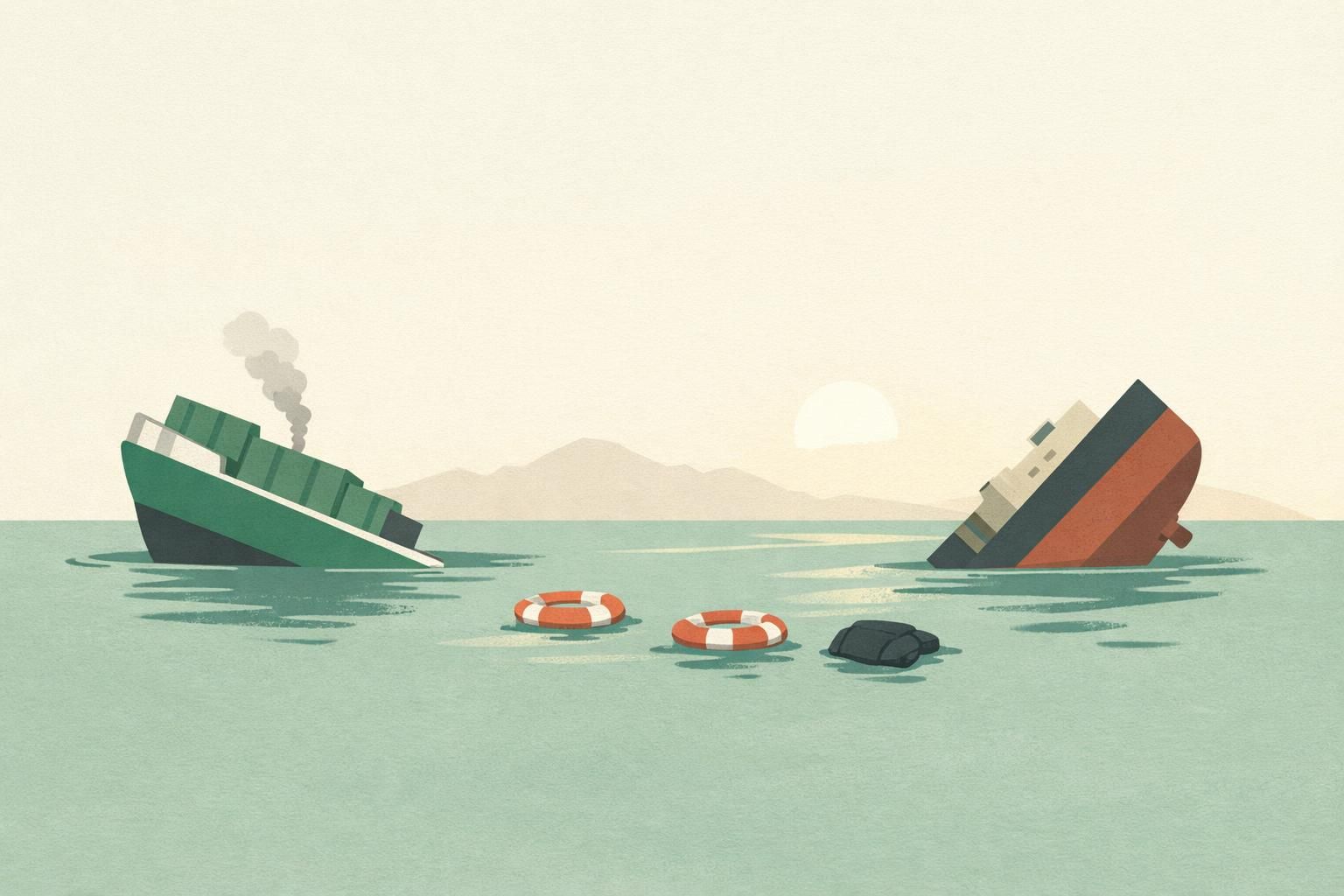 AI-generated conceptual illustration: Two struck commercial ships sink near Hormuz