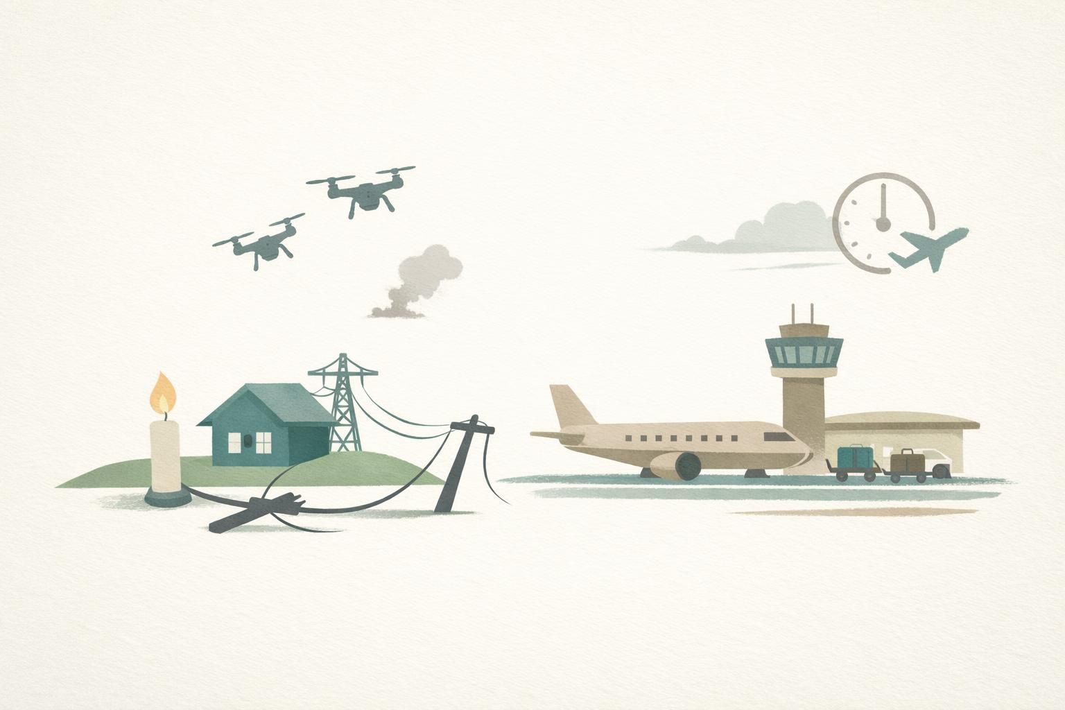 AI-generated conceptual illustration: Aerial attacks disrupt power and Russian flights